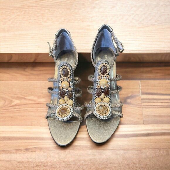 NEW BCBGeneration Polands Women's Golden Leather Beaded Strappy High Heels 7 1/2 - Picture 3 of 7